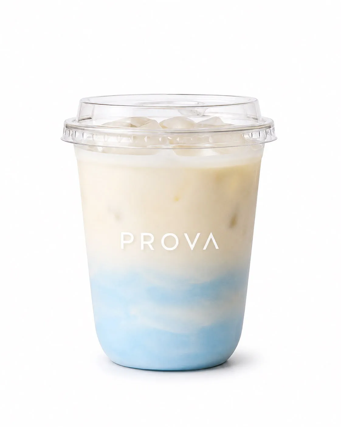 Tropical Coast — a Prova coconut jasmine protein milk tea, blue at the base fading to cream